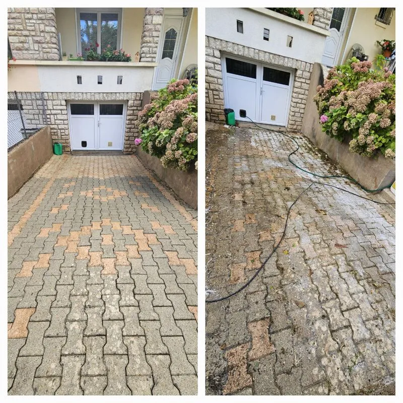 Entrée de garage pavée : à gauche après nettoyage haute pression, à droite avant