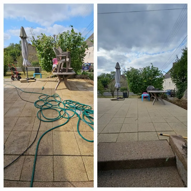 Terrasse en dalles pendant et après le nettoyage haute pression
