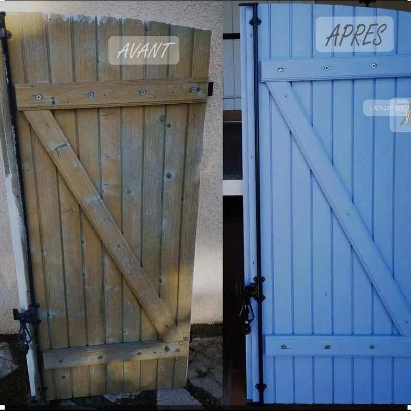 Rénovation et peinture d'un volet en bois, avant et après